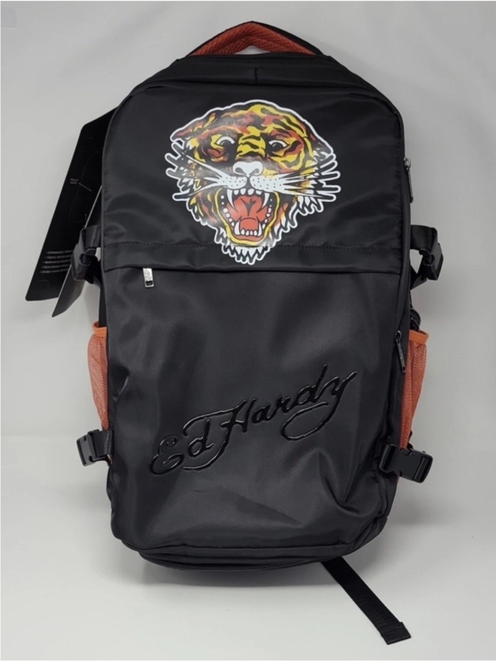 BWT Ed Hardy Black Backpack with Tiger Graphic and Orange Accents